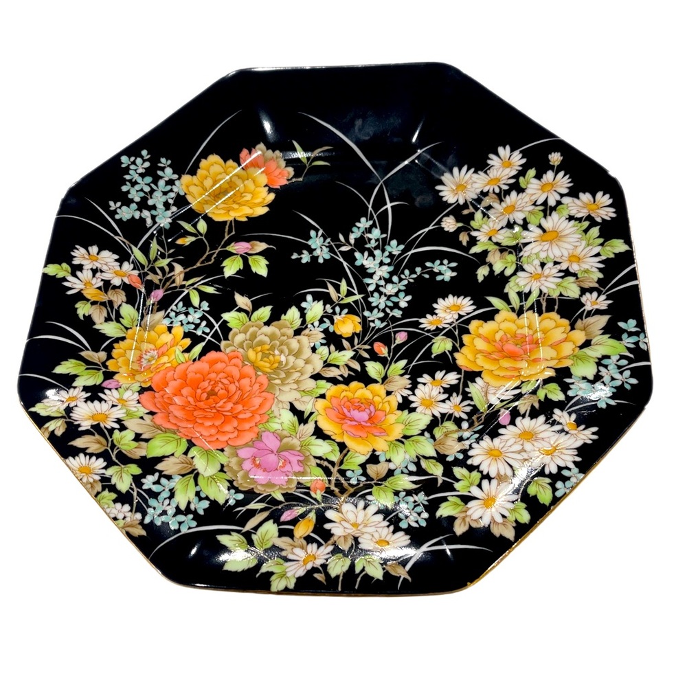Shibata chinaware Japan black floral plate 11 1/2”